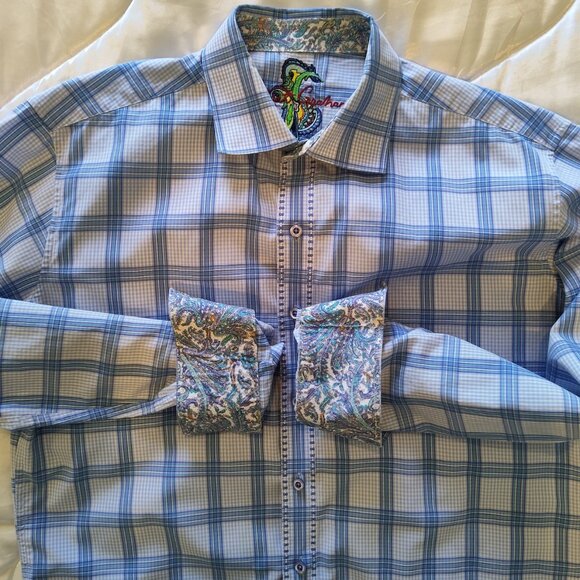 Robert Graham Men's Blue & White Plaid Flip Cuff Shirt Classic Fit Large - Picture 1 of 9